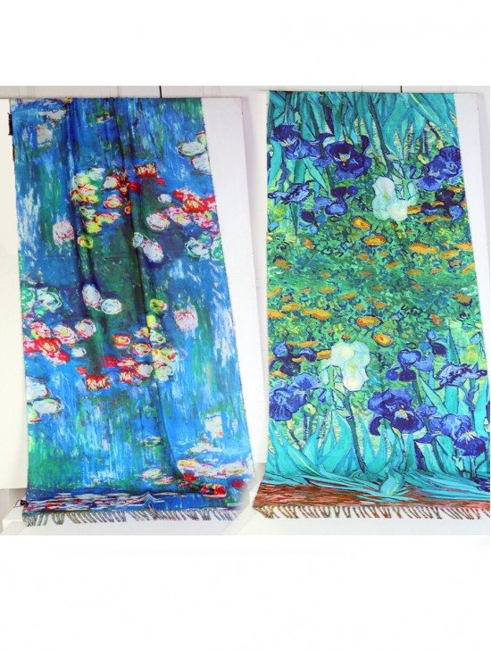 Water Lilies & Irises Double-sided Oil Painting Design Fashion Scarf